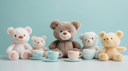 Teddy bear tea party with small cups, plates, and plush friends