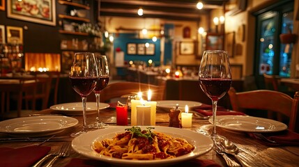 A cozy Italian trattoria interior, with red wine glasses, candles, and a table set with traditional Italian pasta dishes