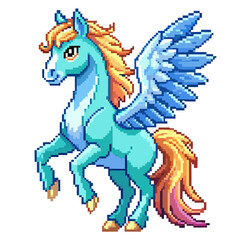 Vibrant Pixel Art Pegasus with Colorful Mane and Wings in Retro Style