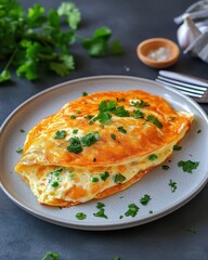 Delicious omelet garnished with fresh cilantro served on a gray plate, perfect for a hearty meal or breakfast.