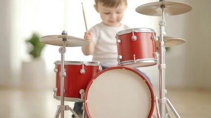 Fototapeta premium Toy drum set with tiny sticks, child pretending to play music, joy and rhythm