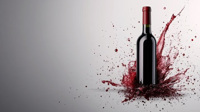 A creative splash of red wine around a bottle, set against a plain background, with ample space left for text or branding