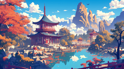 Obraz premium Chinese traditional ancient architectural pavilions by the lake