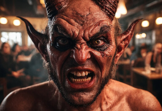 Devilish being, goblin or dwarf, sitting in a bar during the day, sin of alcoholism, close-up, Lucifer&rsquo;s assistant, alcoholic character in a pub.
