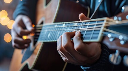 Obraz premium A detailed view of hands navigating the fretboard, highlighting the skill and passion of playing an acoustic guitar