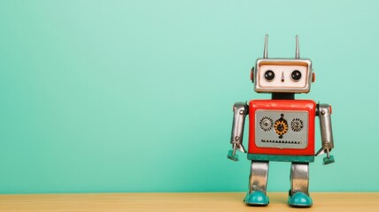 Fototapeta premium Vintage metal wind-up robot toy walking on a table, gears visible