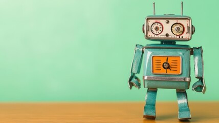 Vintage metal wind-up robot toy walking on a table, gears visible