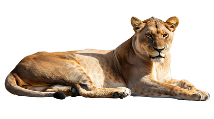 Majestic African Lioness Lying Down in Isolation on Transparent White Background