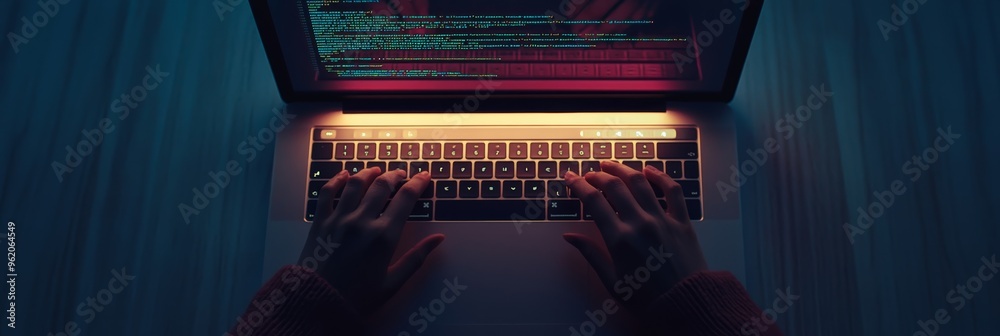 Poster Close-up of hands coding on a laptop illuminated by blue and red tones, perfect for illustrating software development and IT.
