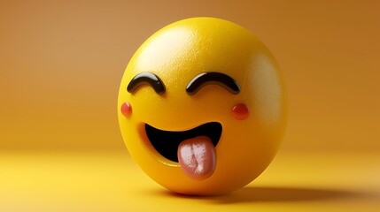 3D yellow emoji with playful expression, tongue out, winking, yellow gradient backdrop