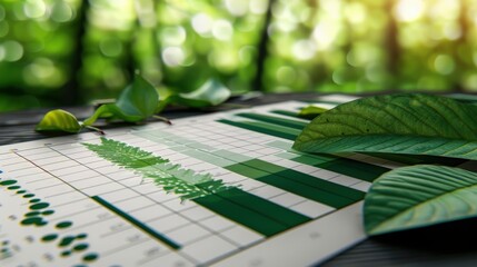 Large green leaf lying on top of financial bar chart symbolizes eco-friendly business growth. Financial graph sustainable investments, green economy, and future-oriented environmental strategies.