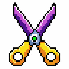 Fototapeta premium Pixel Art Colorful Scissors Icon Retro 8 Bit Style Cartoon Drawing