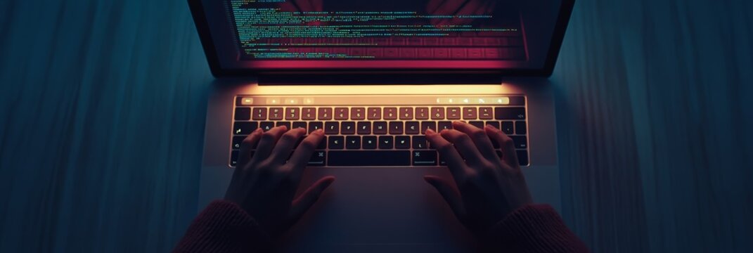 Close-up of hands coding on a laptop illuminated by blue and red tones, perfect for illustrating software development and IT.