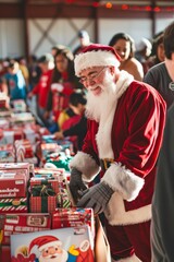 Santa Claus at Christmas Charity Toy Drive with Volunteers and Donated Gifts for Children in Need