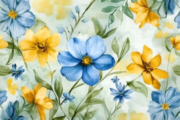 Blue and yellow floral pattern design for spring decor and art prints