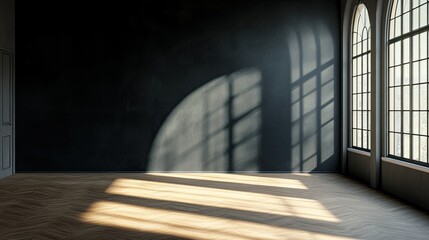 A large empty room with a black wall, a smooth parquet floor, and a soft light filtering in from a high window, creating a serene and minimalist ambiance