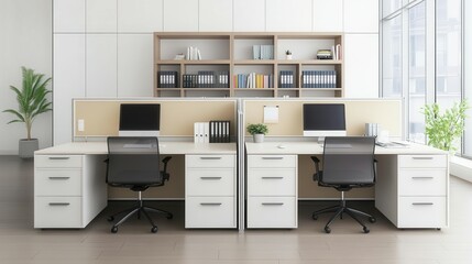 A shared office space for two with double desks, separate storage, and a central bookshelf, office room, shared, double desk