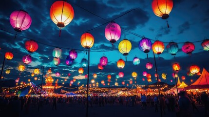 Obraz premium A mesmerizing display of colorful lampions lighting up the night sky at a festival, creating a vibrant and festive atmosphere