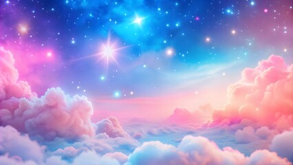 Pastel rainbow unicorn background including sparkling stars. A hazy, pink fantasy sky. Charming holographic area. pink and blue gradient