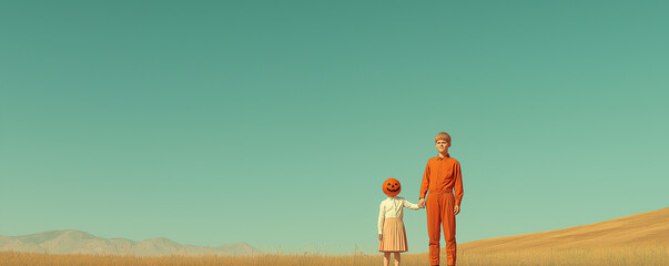 Halloween concept. Two kids wearing stylish clothing walking in the field looking for treats. Retro, vintage, analog film style. Banner. Text space. Outdoor shot