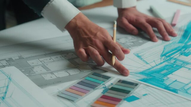 Indian business man designer architect engineer constructor drawing building plan sketch construction blueprint on desk male female team coworkers muslim women discuss architecture project in office