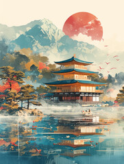 Fototapeta premium Light color style Asian traditional ancient building landscape painting