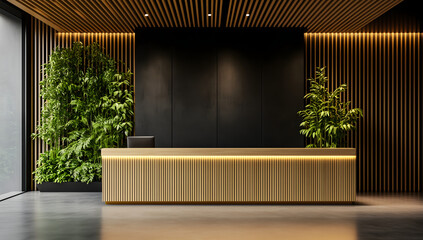 Wooden reception desk office with black walls and green plants illuminated golden light Reception and Office Concept
