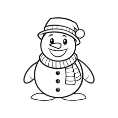 snowman with hat and scarf coloring page for kids,Vector black and white illustration isolated on white background.