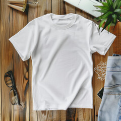 T-shirt mock up of a white shirt on wood
