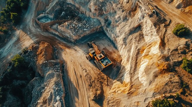 Aerial shot of an open pit limestone quarry, with heavy trucks and backhoes extracting and transporting construction materials