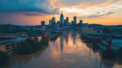 Naklejka premium Aerial shot of Nashville's downtown skyline, surrounded by floodwaters, emphasizing the scale of the flooding event