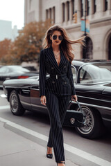 Obraz premium Chic woman in a tailored pinstripe suit, wearing sunglasses and a designer handbag standing on a city street near a classic car.