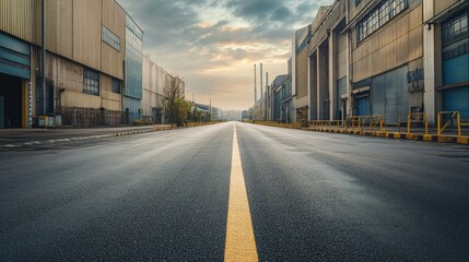 Fototapeta premium Asphalt road in a quiet industrial area, with empty streets and large factory buildings on both sides under overcast skies