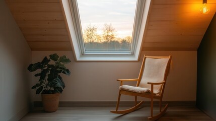 A cozy attic reading nook with a skylight, a rocking chair, and warm lighting, reading nook, attic, skylight