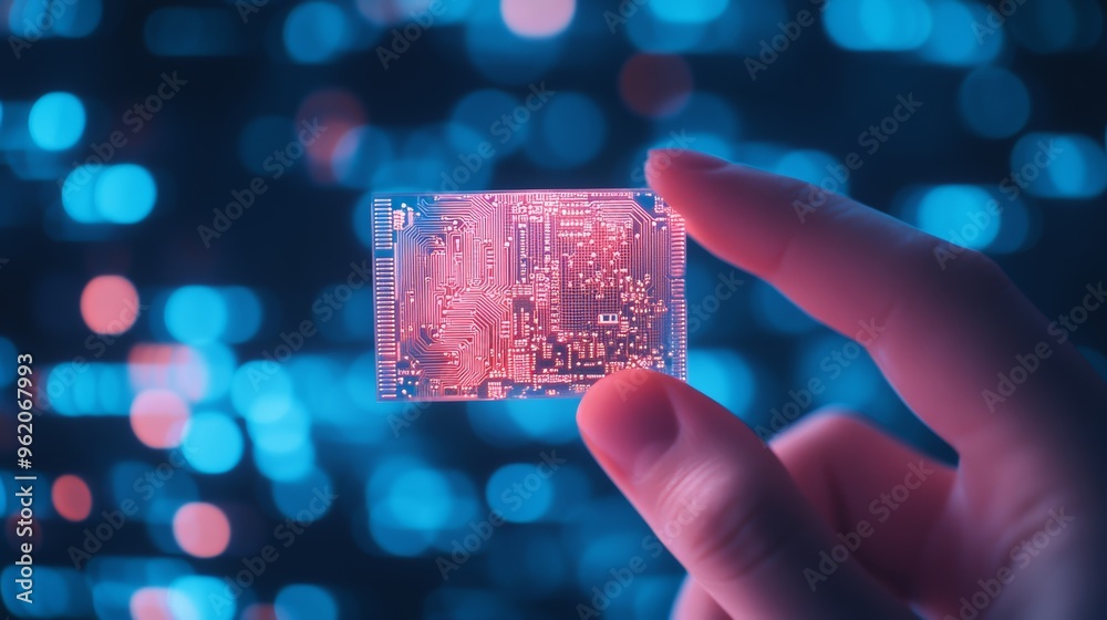 Poster Hands holding a glowing futuristic microchip with a digital background. Advanced technology and IoT innovation.