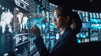 A woman in glasses interacts with a large screen showing a world map and data.