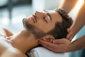Person receiving a head and neck massage while lying on a comfortable massage table, with a peaceful ambiance.