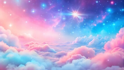 Pastel rainbow unicorn background including sparkling stars. A hazy, pink fantasy sky. Charming holographic area. pink and blue gradient