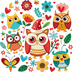 Naklejka premium Cute Cartoon owls with Santa hat, butterflies, heart, glasses, Flower on white background. Vector illustration.