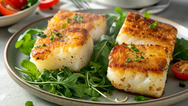 Deliciously fried cod fillet served on a bed of fresh greens and cherry tomatoes