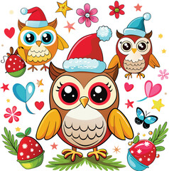 Naklejka premium Cute Cartoon owls with Santa hat, butterflies, heart, glasses, Flower on white background. Vector illustration.