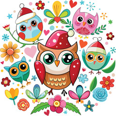 Obraz premium Cute Cartoon owls with Santa hat, butterflies, heart, glasses, Flower on white background. Vector illustration.