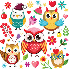 Naklejka premium Cute Cartoon owls with Santa hat, butterflies, heart, glasses, Flower on white background. Vector illustration.