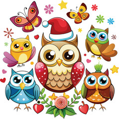 Obraz premium Cute Cartoon owls with Santa hat, butterflies, heart, glasses, Flower on white background. Vector illustration.