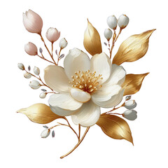 Gold hologram white flower clipart, golden floral transparent background cutout png