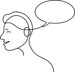 Continuous line drawing of head of a man with speech bubble is drawn by a single black line on a white background. Continuous line drawing. Vector illustration
