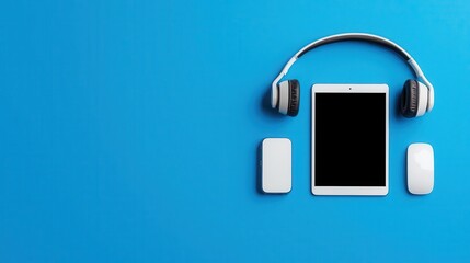 Obraz premium Flat lay of various gadgets including laptop, wireless headphones, tablet, and portable charger, organized for a tech-savvy setup, Tech flat lay, Tech essentials