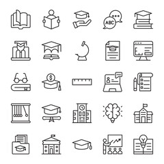 Education line icon collection. Editable stroke. Vector illustration. Containing knowledge, college, task list, design, training, idea, teacher, file, graduation hat, institute, ruler, telescope