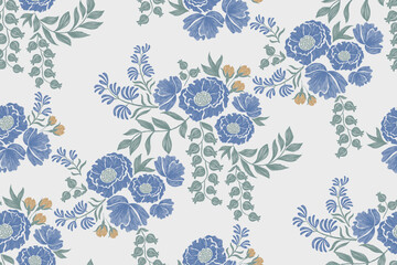 Blue floral pattern vintage ethnic modern tapestry embroidery texture boho design vector illustration hand drawn silhouette indigo flower motif branches leaves wallpaper seamless background border.