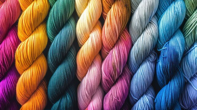 A vibrant collection of colorful yarn skeins, arranged in rows.